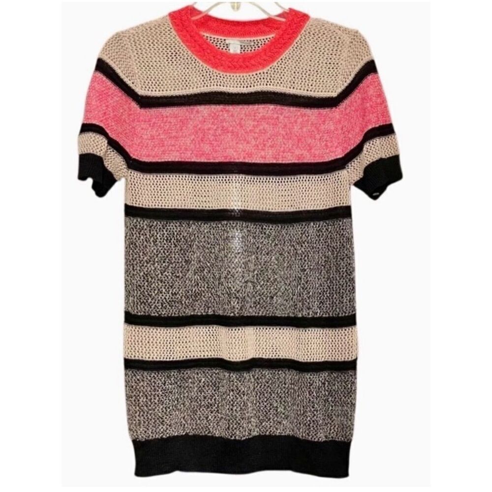Halogen Striped Crochet Short Sleeve Sweater in Pink/Tan/Black Women’s S